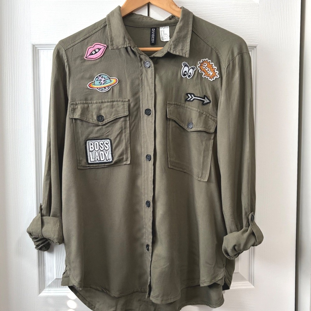 H&M Divided Olive Green Patch Utility Shirt Boss Lady Viscose Womens 12 - Picture 5 of 8